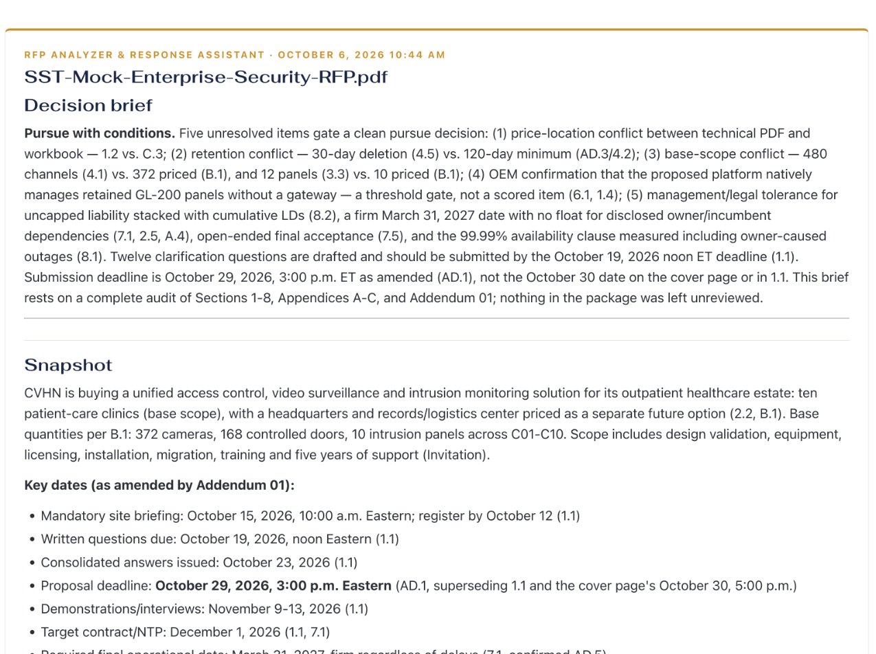 RFP Analyzer & Response Assistant output. The decision brief: pursue with conditions, the five items that gate it, and the corrected deadline.