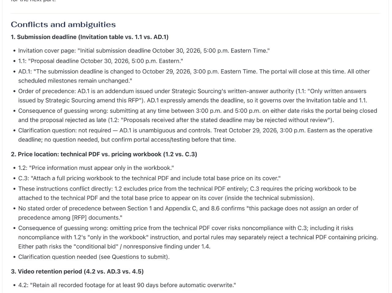 RFP Analyzer & Response Assistant output. Conflicts between sections and addenda, each with the clause numbers and the consequence of guessing wrong.