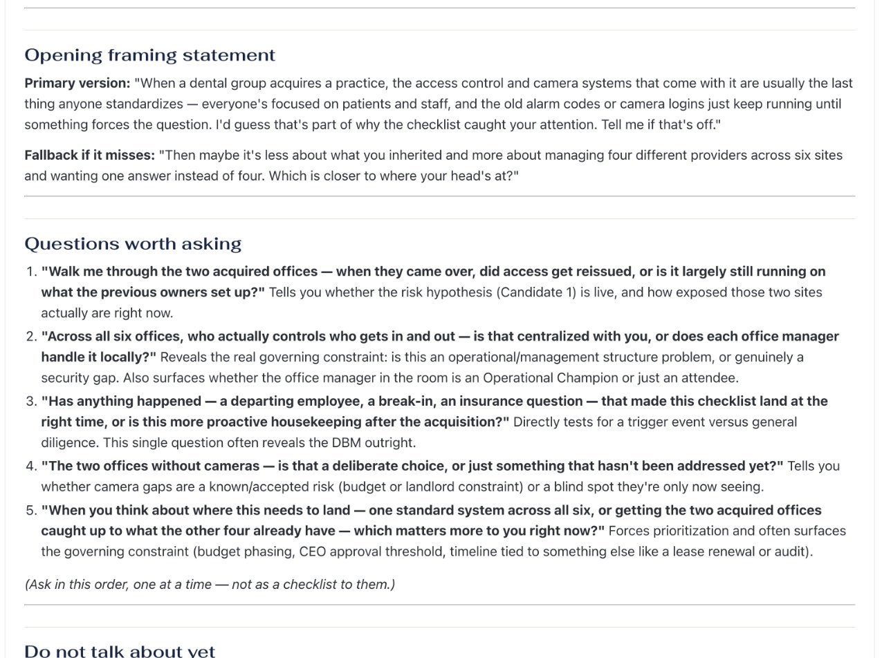 Pre-Meeting Planner output. The opening framing statement, a fallback if it misses, and five questions in order.