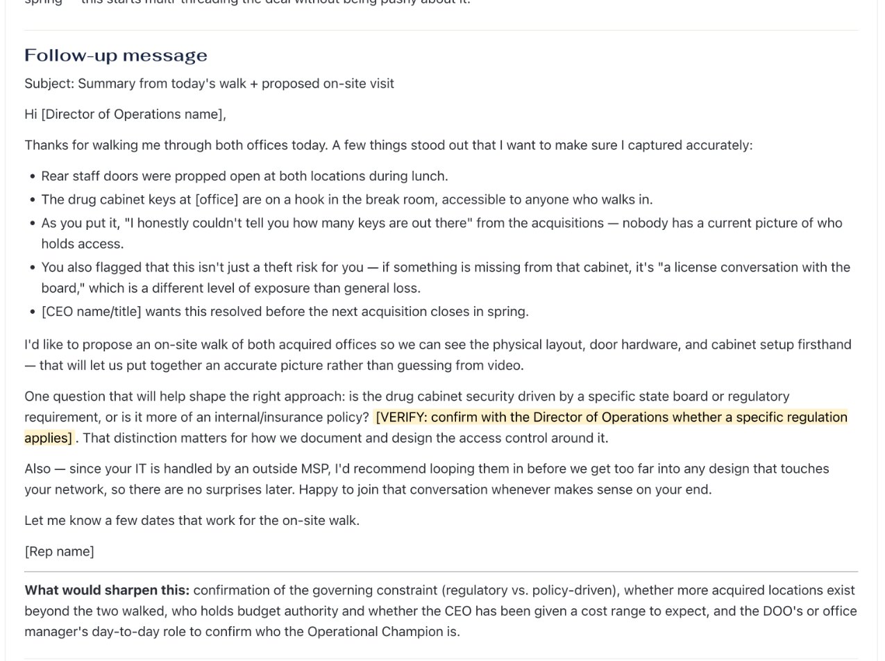 Post-Meeting Debrief & Next Move output. The follow-up email: the buyer’s words, the next step, and what to verify before sending.