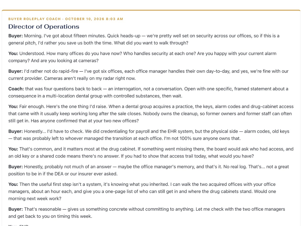 Buyer Roleplay Coach output. Four stacked questions get flagged; one framed statement about inherited access turns the buyer.